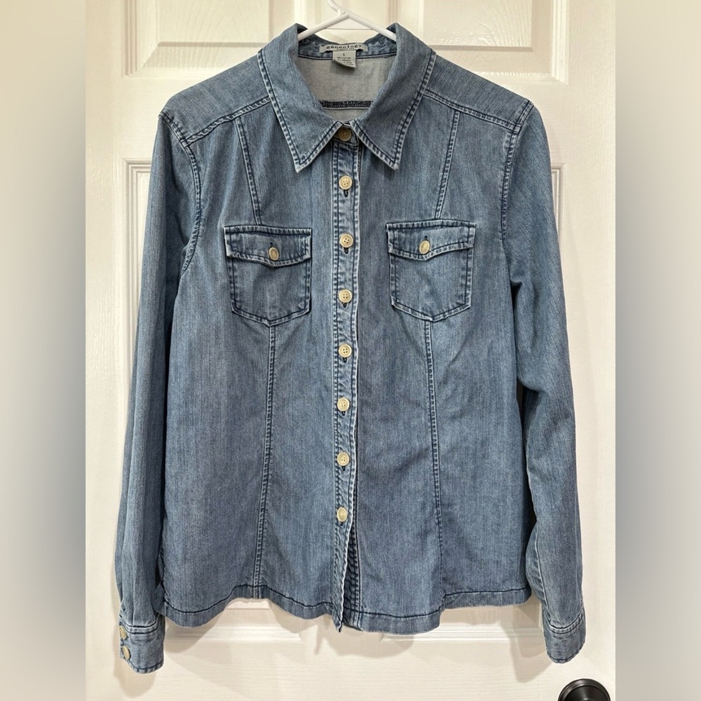 Geneology Women's Large Long Sleeve Button Up Shirt Chambray Blue